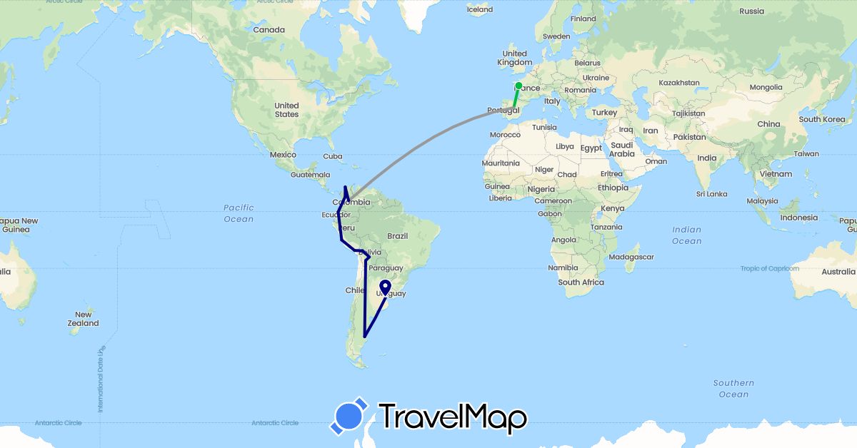 TravelMap itinerary: driving, bus, plane in Argentina, Bolivia, Colombia, Ecuador, Spain, France, Peru (Europe, South America)